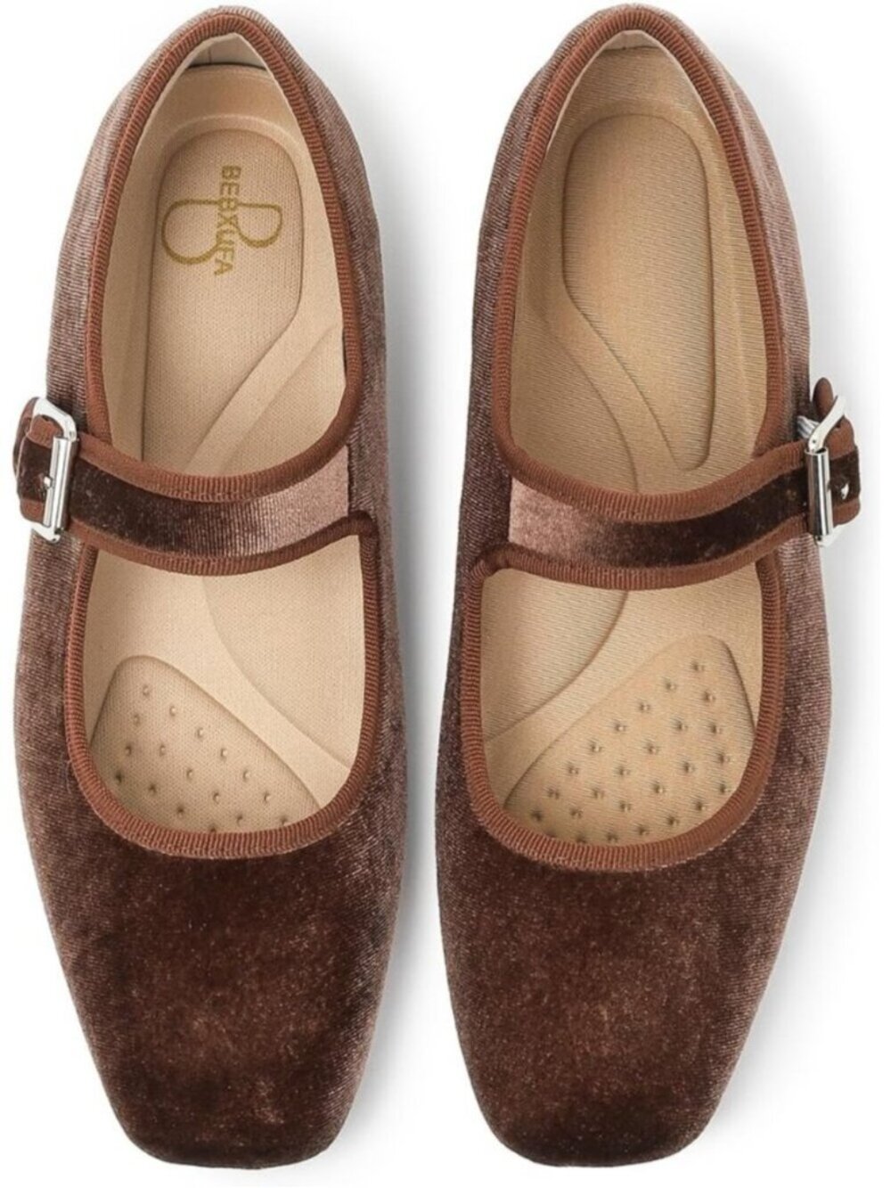 Women's Brown Mary Jane Square Toe Ballet Flat With Adjustable Strap Shoes